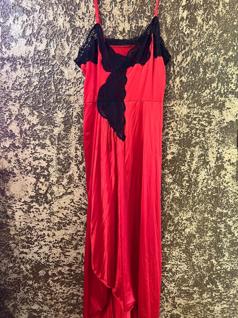 Vintage Jackie Lee nightgown Red Lace-Trim Slip Dress with Black Accents